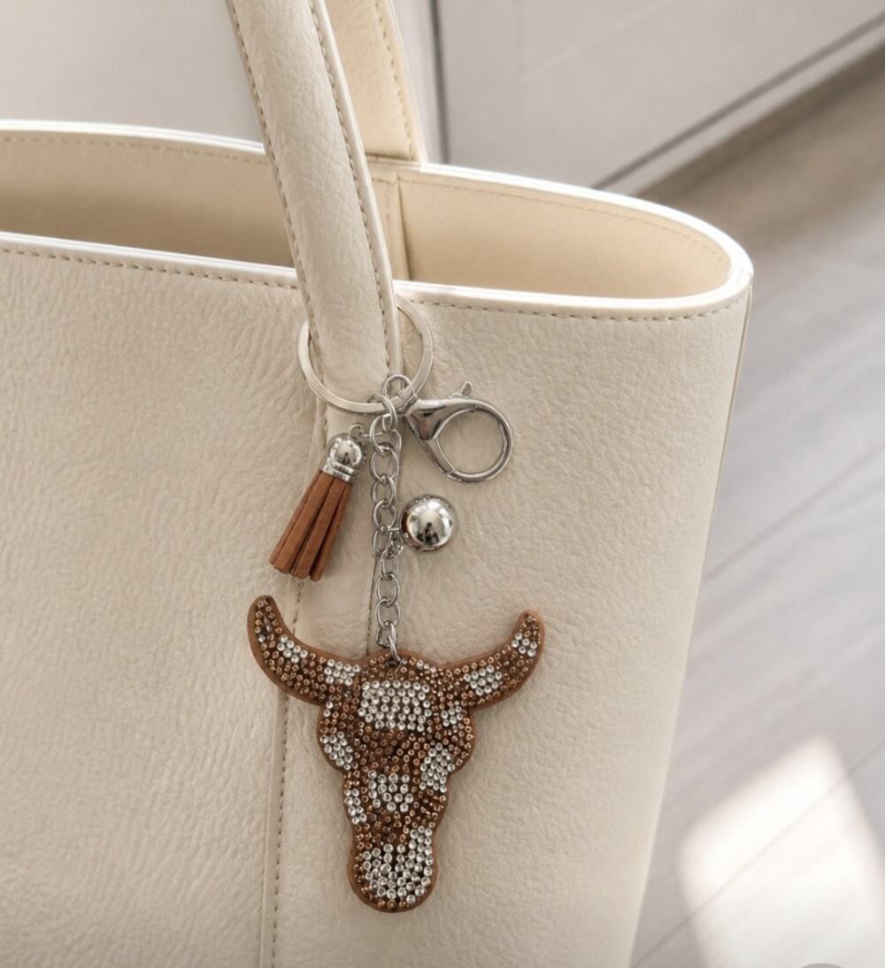 Light Brown Rhinestone Steer Head Western Bag Charm New